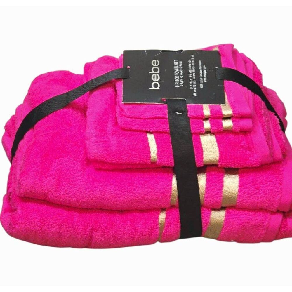 Bebe 6-Piece Gold Striped Embroidered Towel Set- Pink/Gold